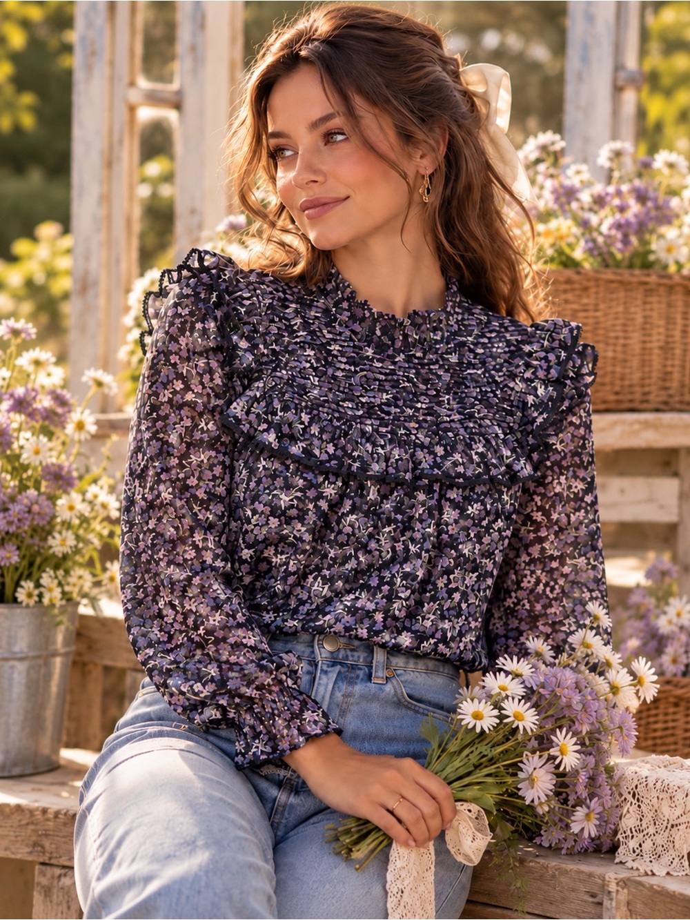ASTR the Label Purple Floral Ruffle Smocked Blouse Cottagecore Sheer Top L
